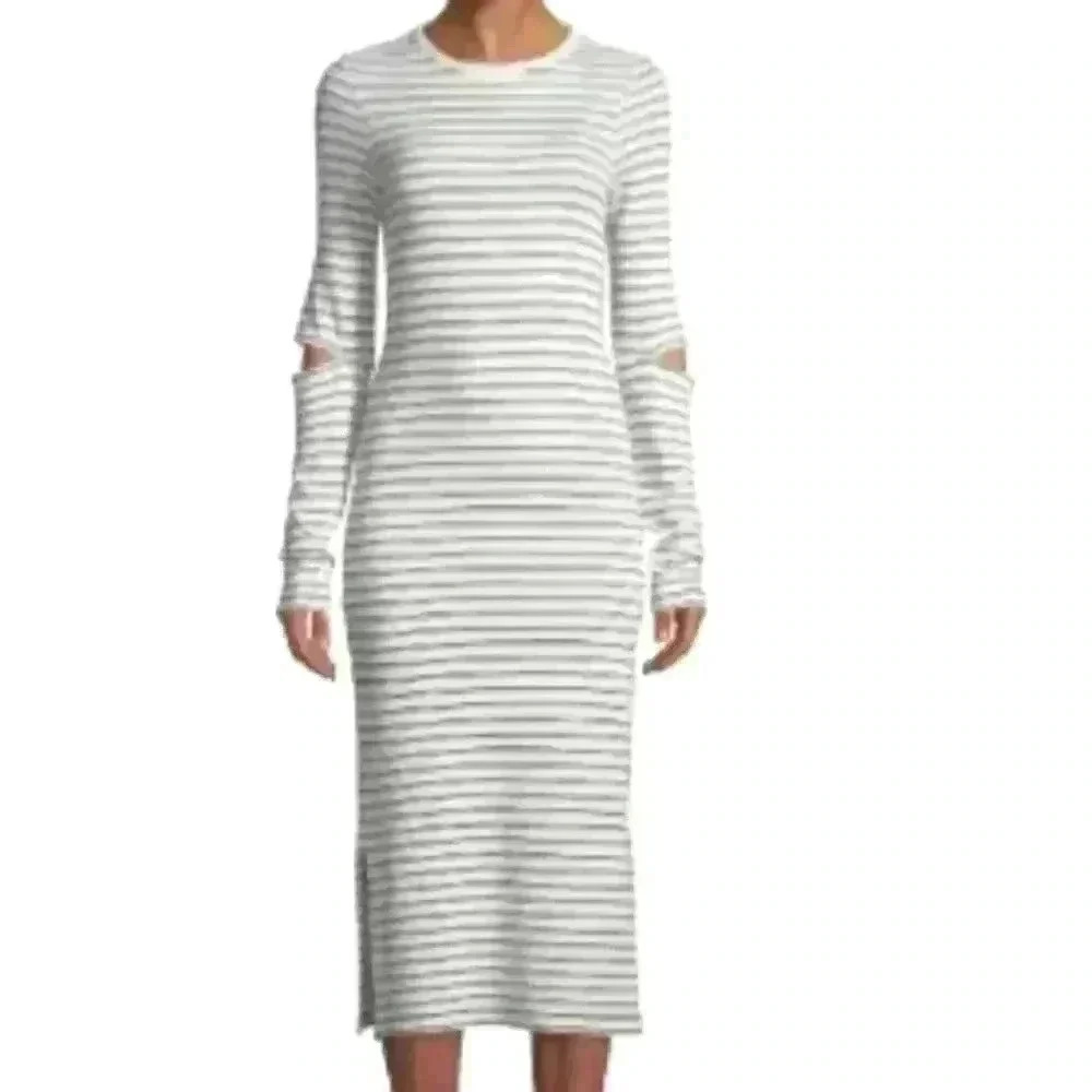 Current/Elliott The Quince Striped Cutout Long Sleeve Midi Dress 0